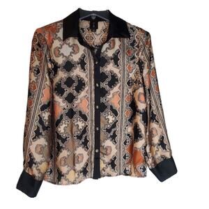 Violet B. Scarf Print Long Sleeve Button Up Collared Blouse Size Small